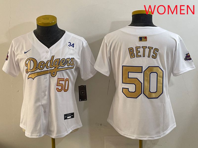 Women Los Angeles Dodgers #50 Betts White Champion gold character 2025 Nike MLB Jersey style 4093